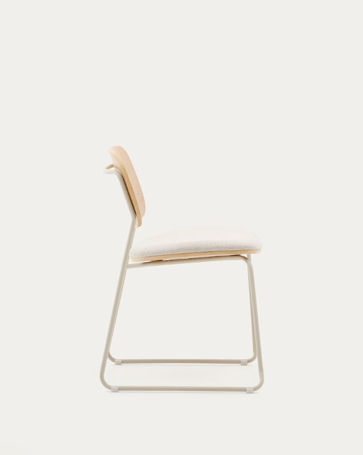 A chair of mela, poplar plywood with a beige szenil seat