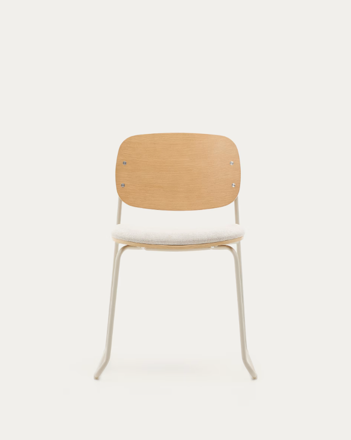 A chair of mela, poplar plywood with a beige szenil seat