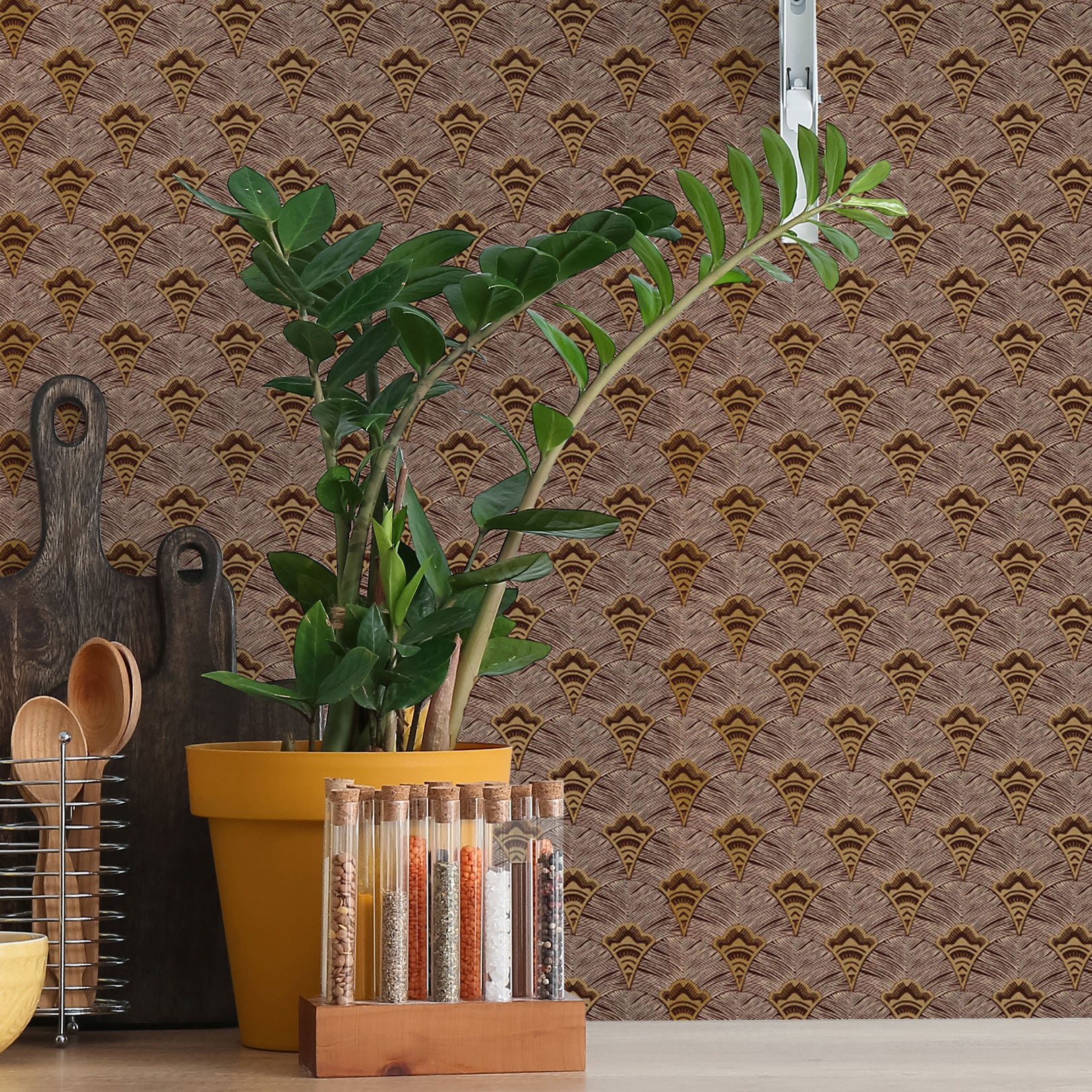 Structural wallpaper with an abstract fan pattern ADENIUM - ROUILLE rusty brown
