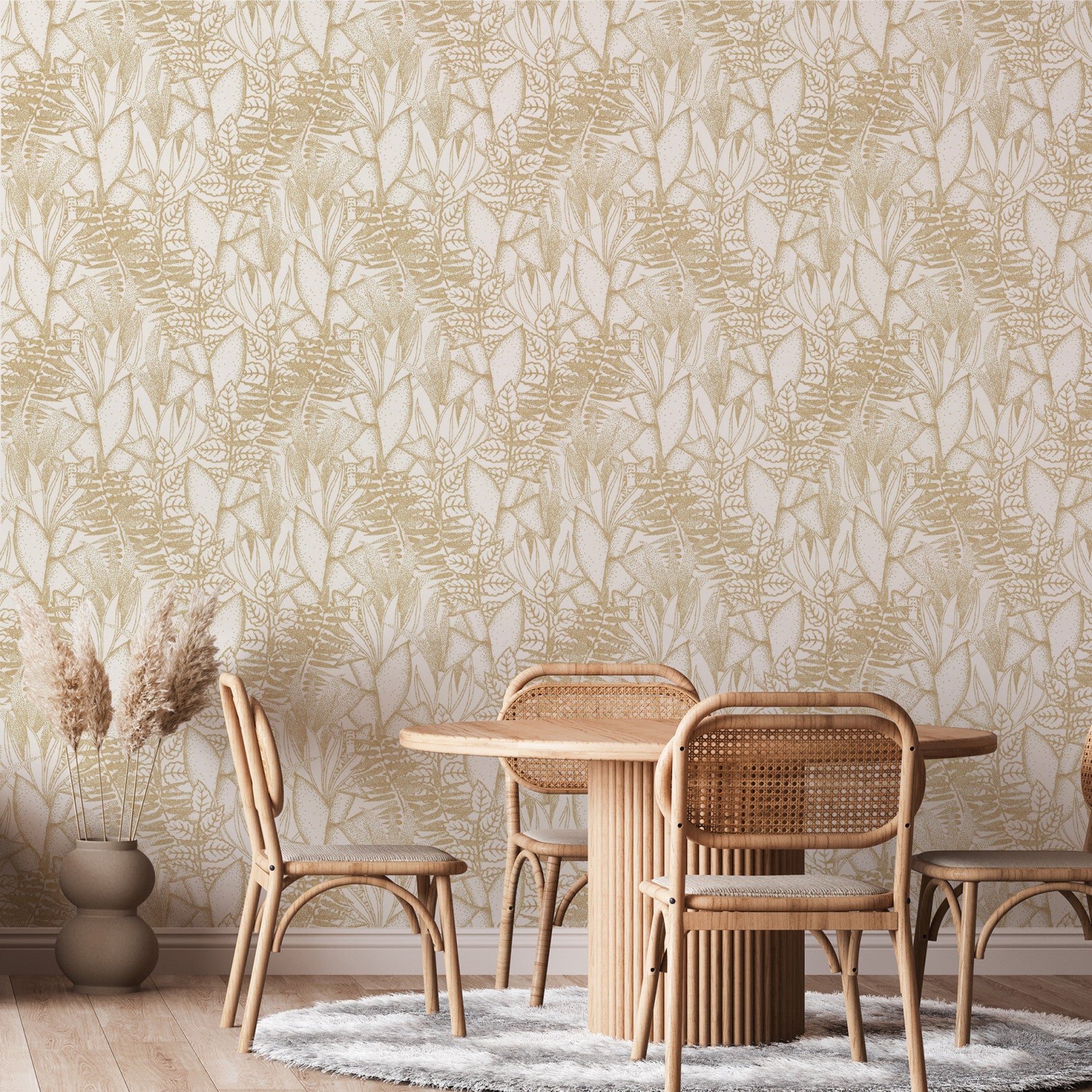 Structural wallpaper with a tropical leaf pattern ALTAICA - BLANC white with gold