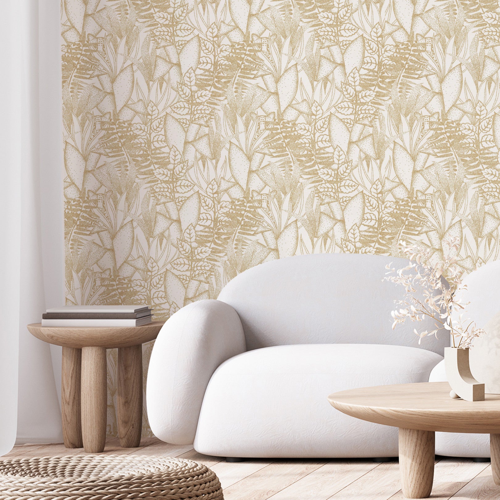Structural wallpaper with a tropical leaf pattern ALTAICA - BLANC white with gold