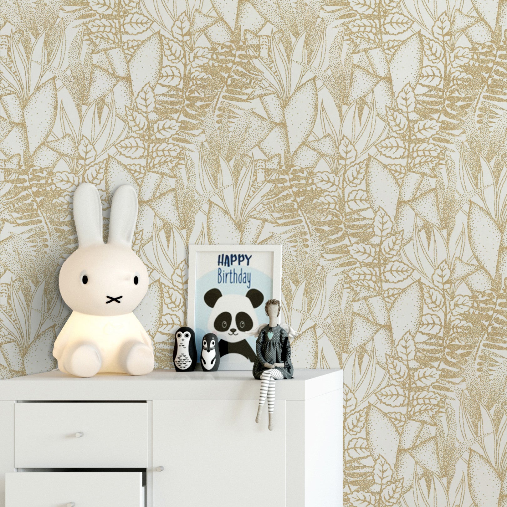 Structural wallpaper with a tropical leaf pattern ALTAICA - BLANC white with gold