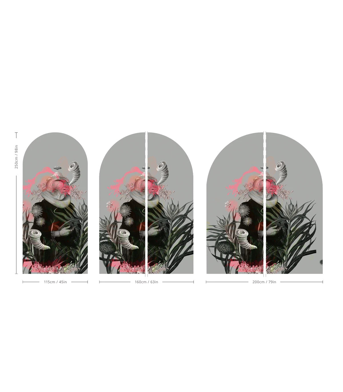 Arch-shaped mural with an artistic portrait of LADY MEDUSA in gray