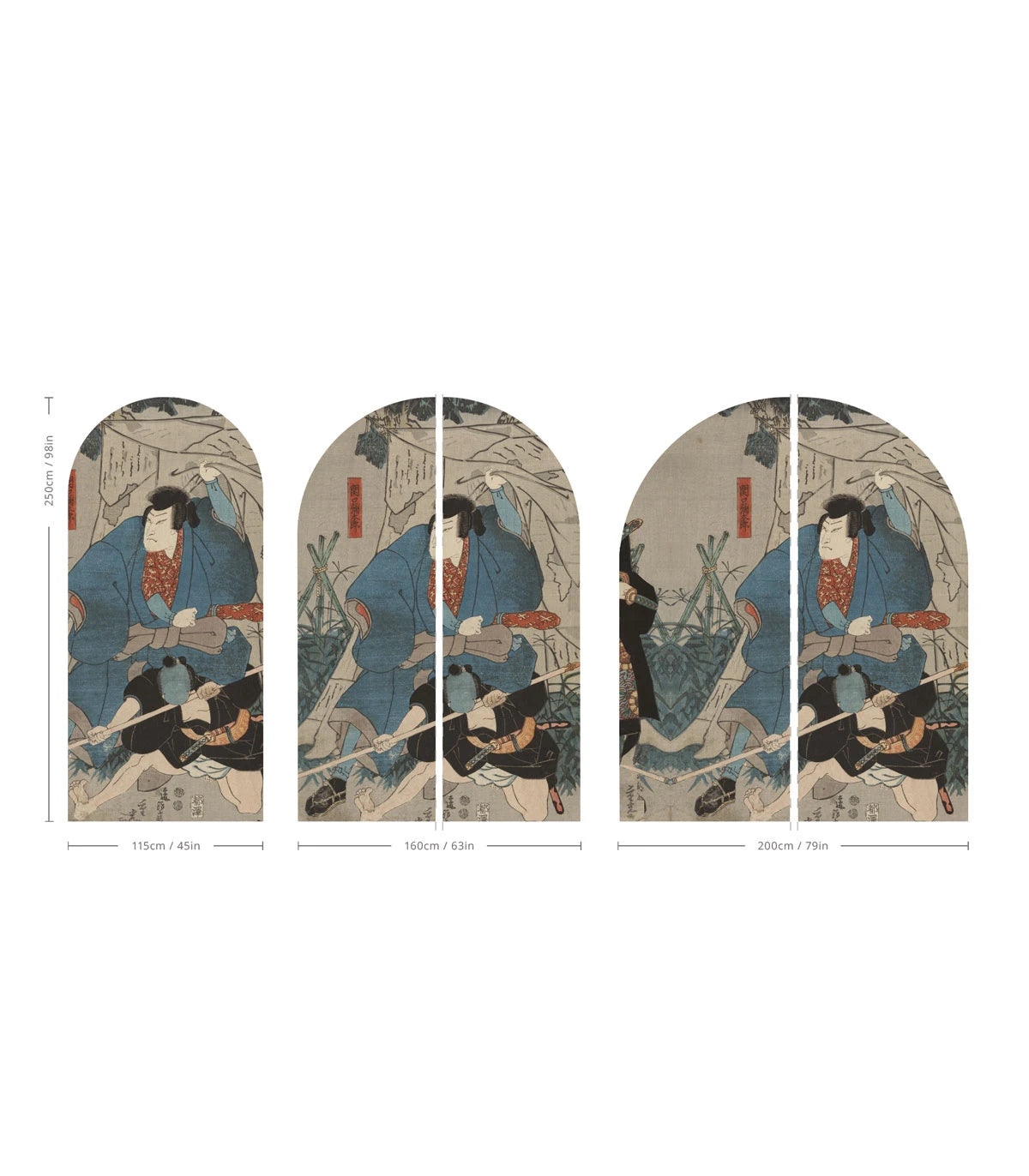 Bogenförmiges Vlieswandbild SAMURAI SAGA beige mit Blau