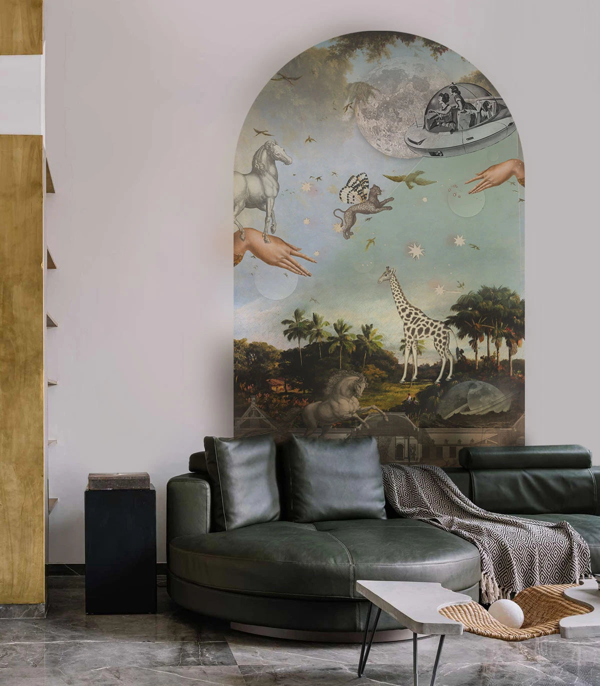 Vlies-Tapete in Bogenform STARDUST SAFARI dunkelgrün mit Blau