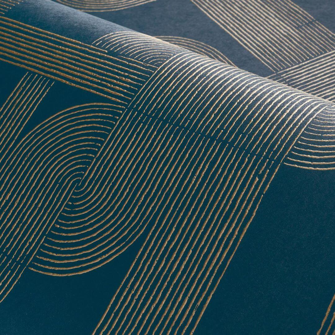 HECTOR Wallpaper with Geometric Pattern - PETROLE/DORE Navy Blue with Gold