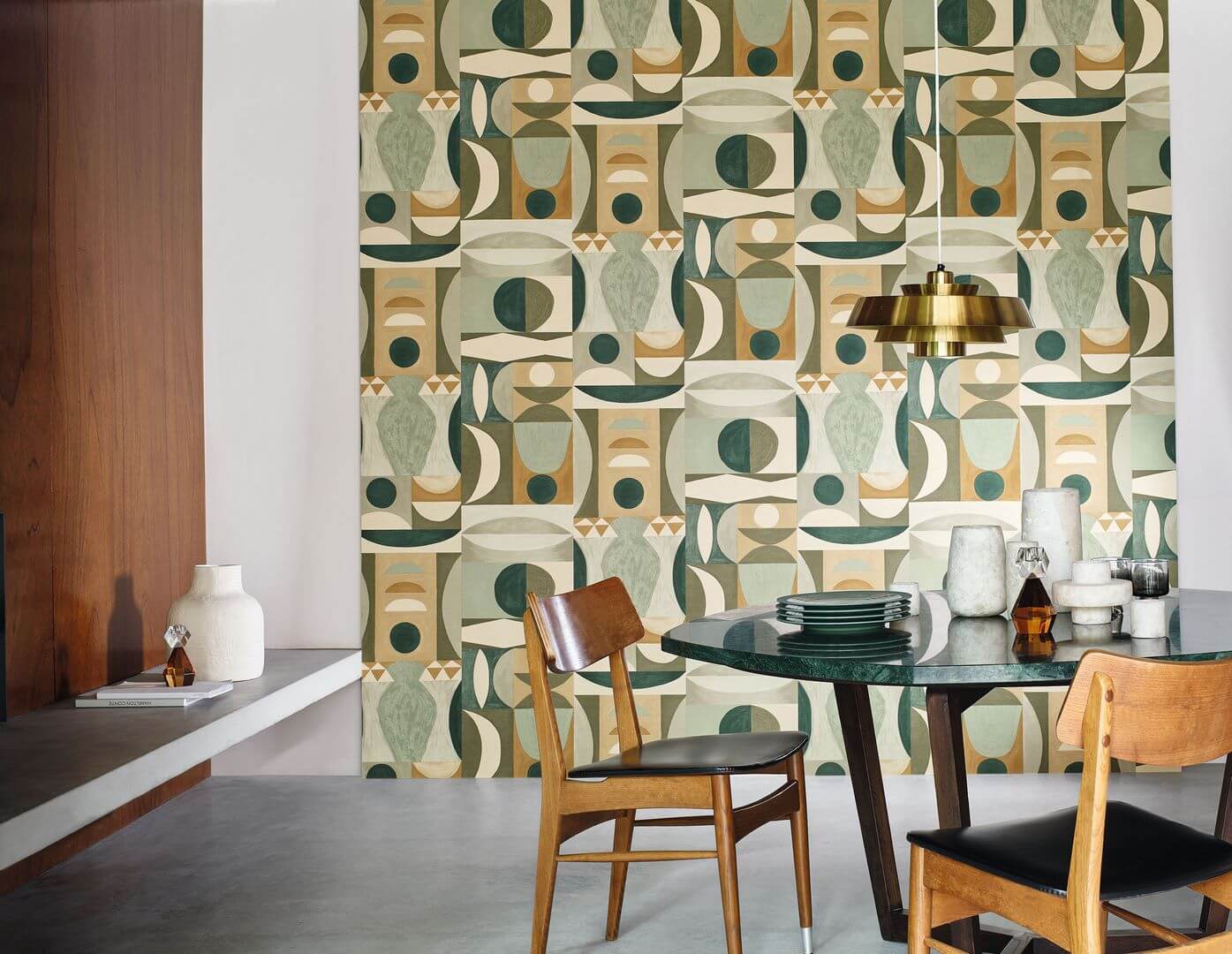 Abstract wallpaper with a geometric motif AUGUSTE - MARINE navy blue with beige