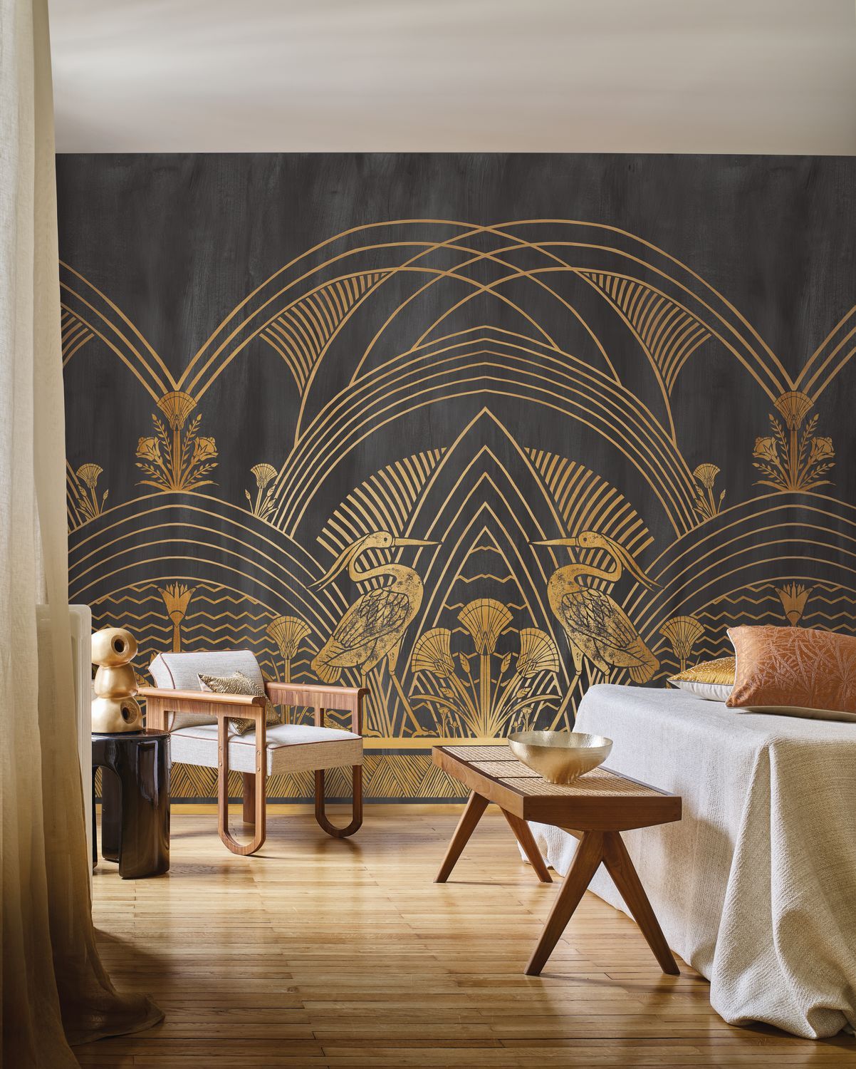 BLACK ELEPHANTINE MURAL with gold
