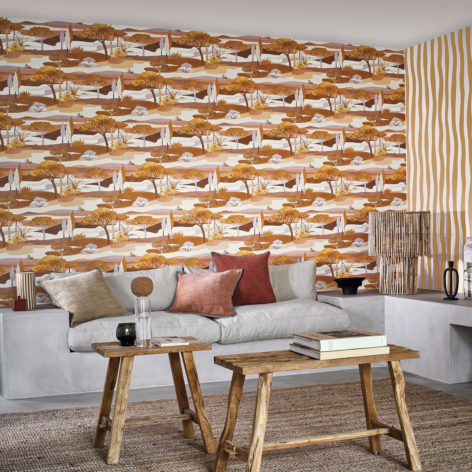 Landscape wallpaper with a botanical theme CAP FERRET - OCRE/NUDE orange with beige