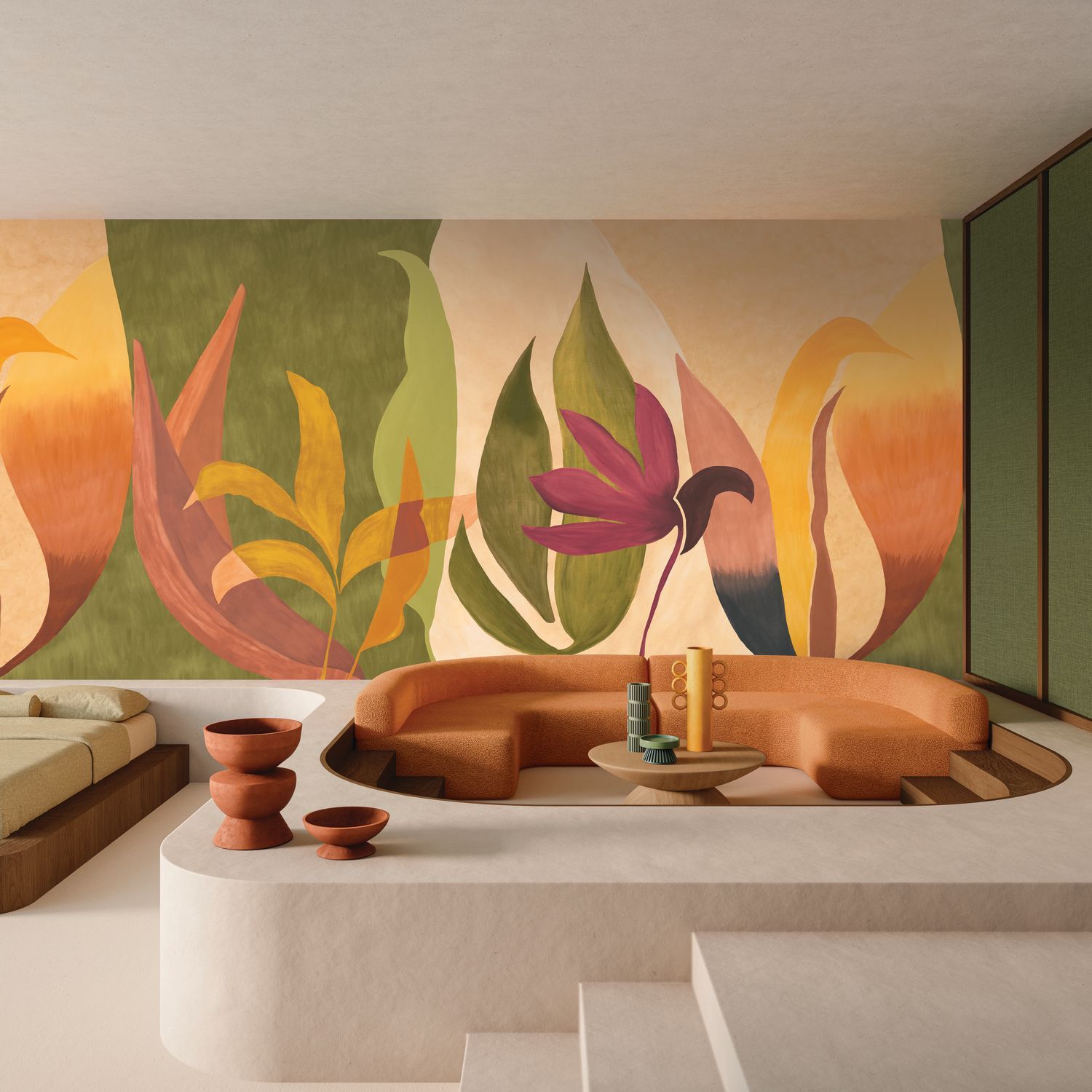NAHUA mural in orange with green