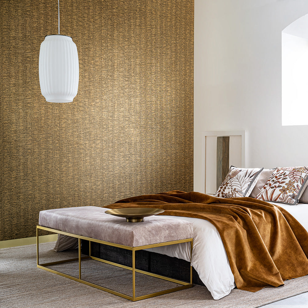 Metallic Textured Wallpaper in Stripes SCANDIUM - NOIR/DORE Gold with Black