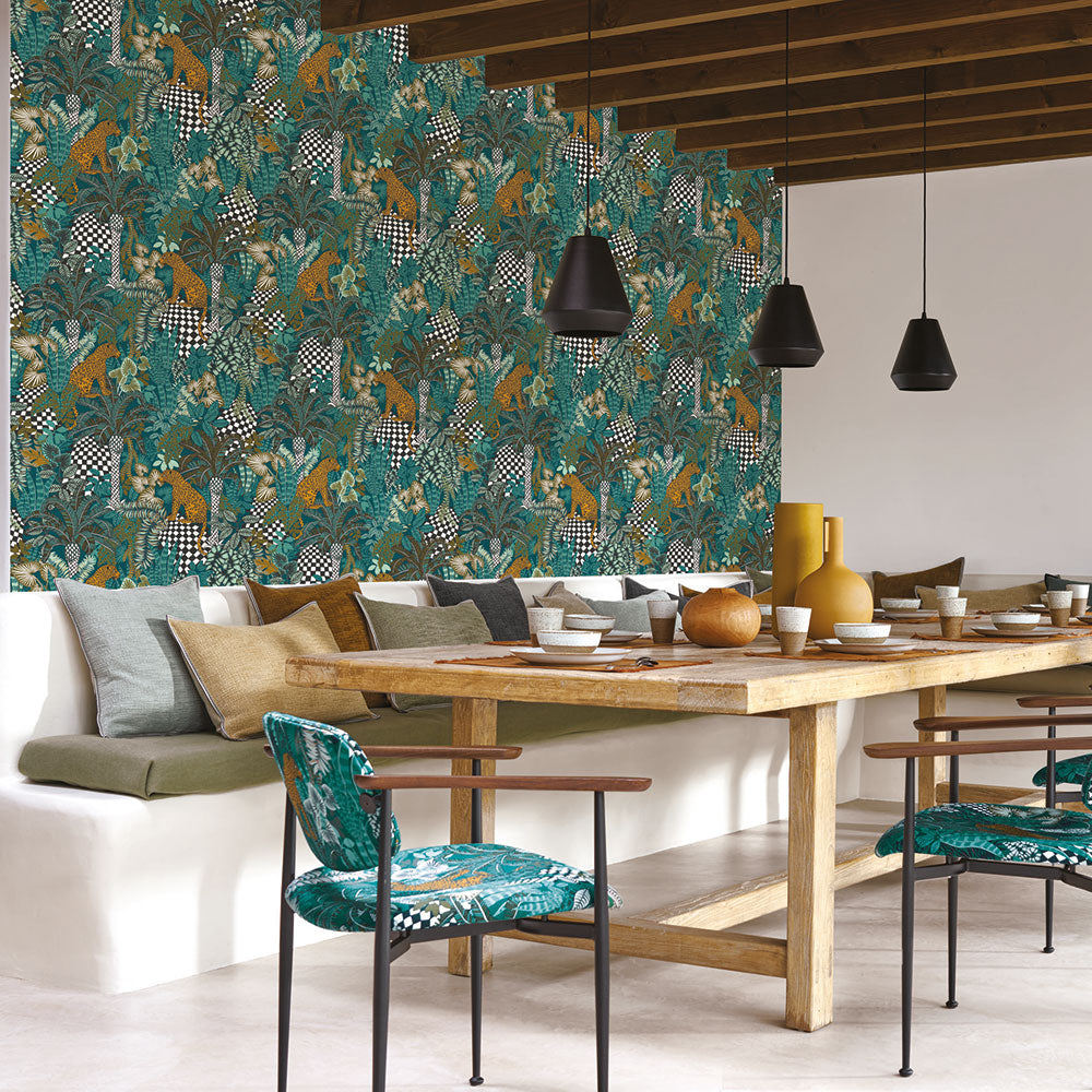 Structural wallpaper with a plant and animal motif BELIZE - NOIR/FAUVE black with gray
