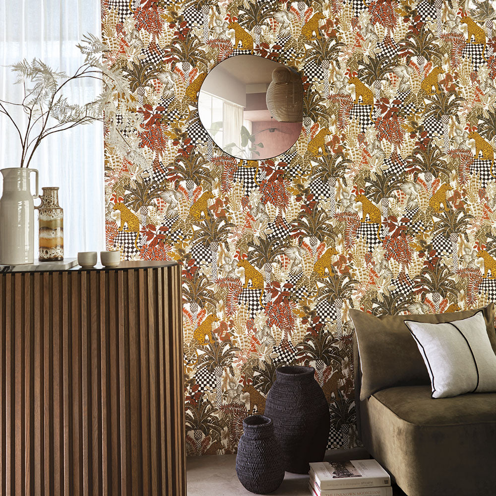 Structural wallpaper with a plant and animal motif BELIZE - WHITE/KHAKI white with khaki