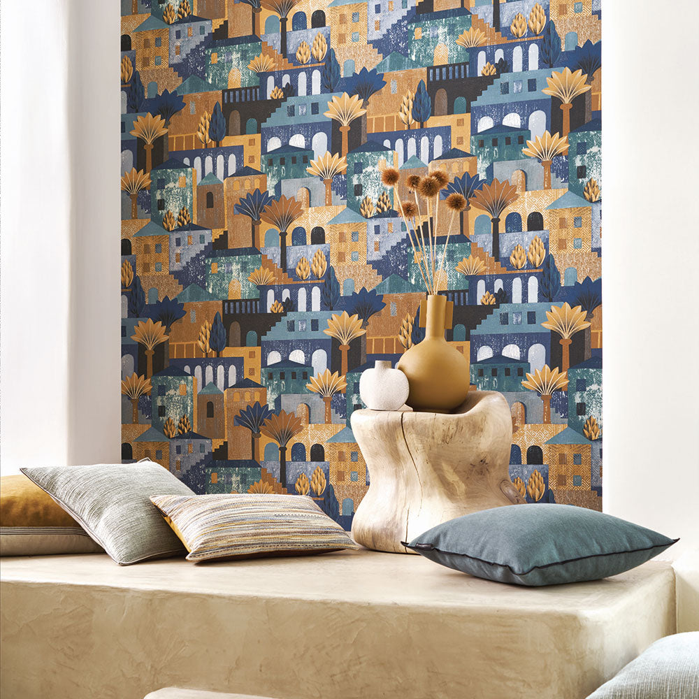 Structural wallpaper with a city landscape MONTEROSSO - KHAKI/MUSTARD khaki with mustard