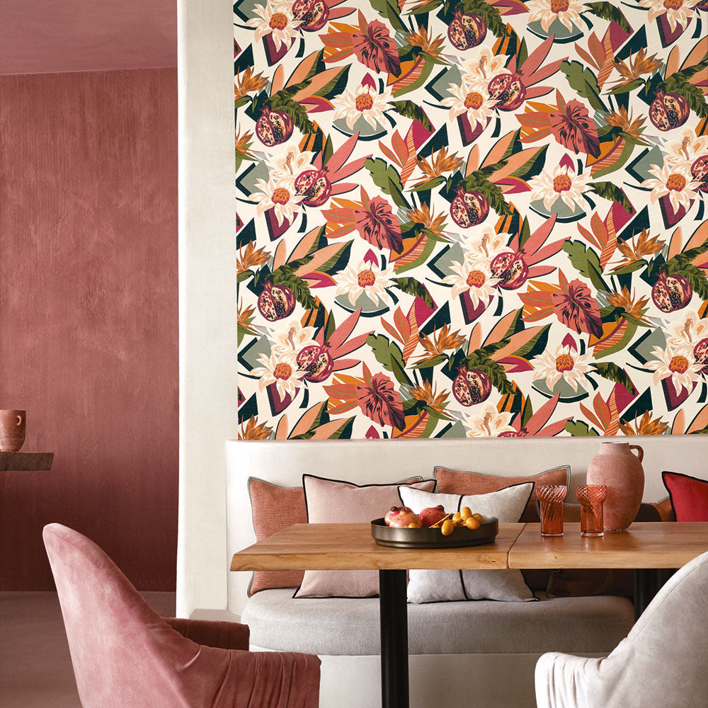 Structural wallpaper with a botanical motif SALVADOR - MARINE/TERRE DE SIENNE navy blue with terracotta