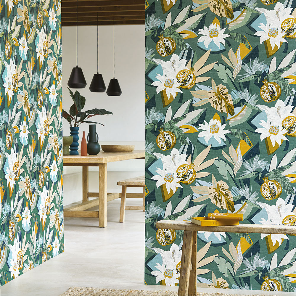 Structural wallpaper with a botanical motif SALVADOR - MARINE/TERRE DE SIENNE navy blue with terracotta