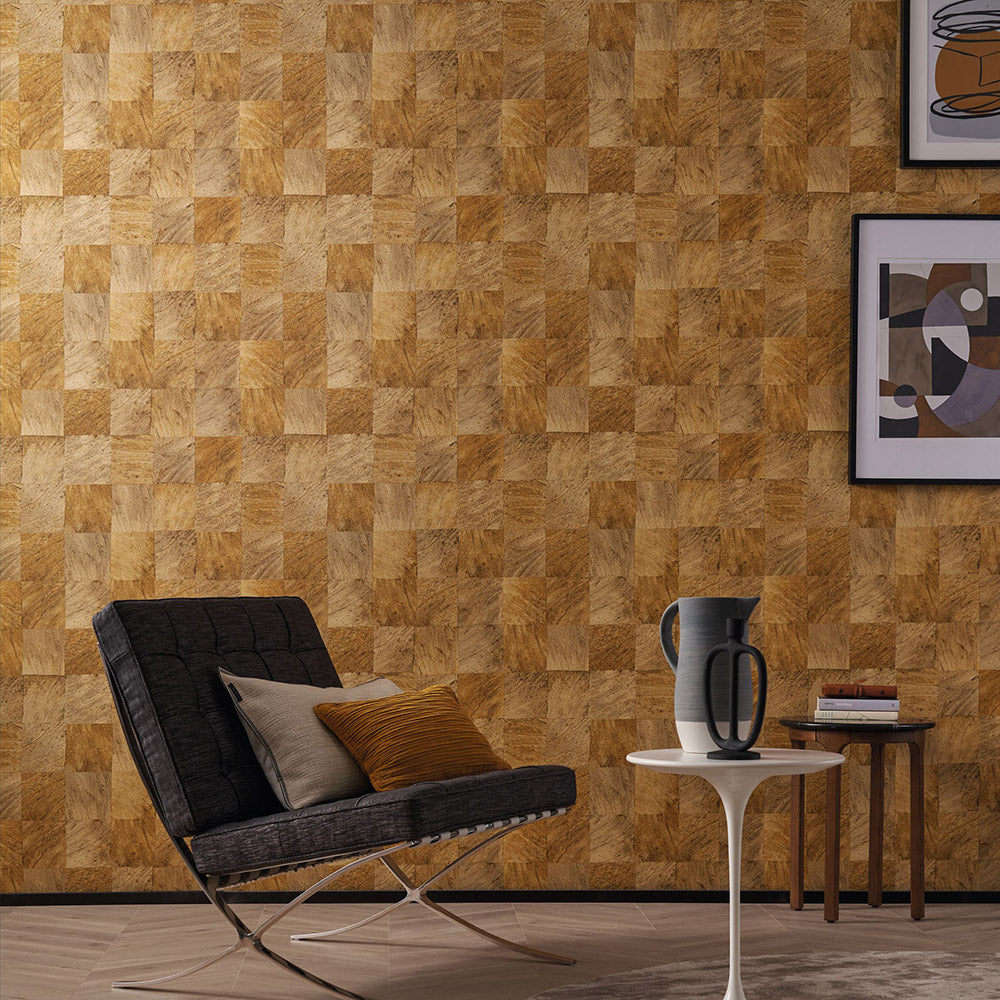 Textured wallpaper with a geometric wood-like pattern ABALE - EMERAUGE emerald