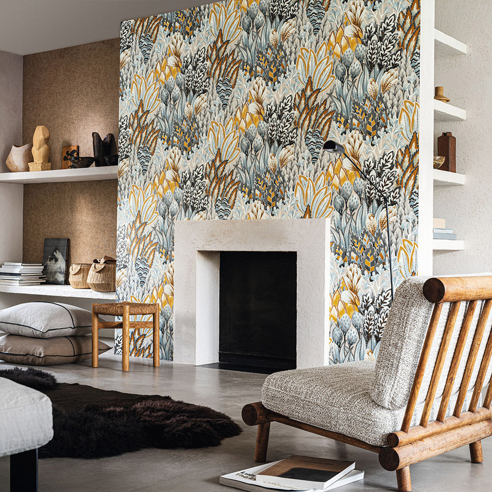 Structural wallpaper with a botanical motif AVICENNIA - GRAY/CELEDON mint green with gray