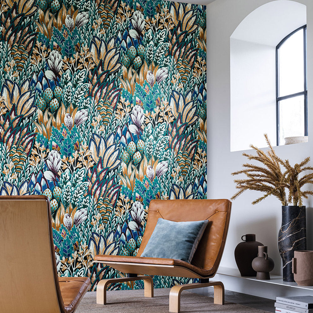 Structural wallpaper with a botanical motif AVICENNIA - GRAY/CELEDON mint green with gray