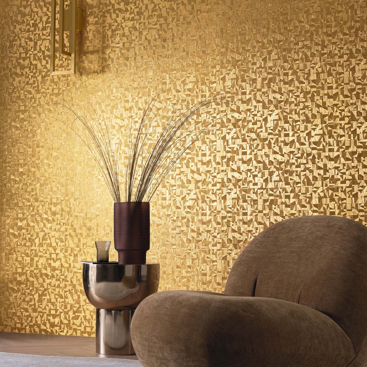 Metallic Structural Wallpaper with Mosaic Pattern TIZNIT - GRIS Gray with Gold