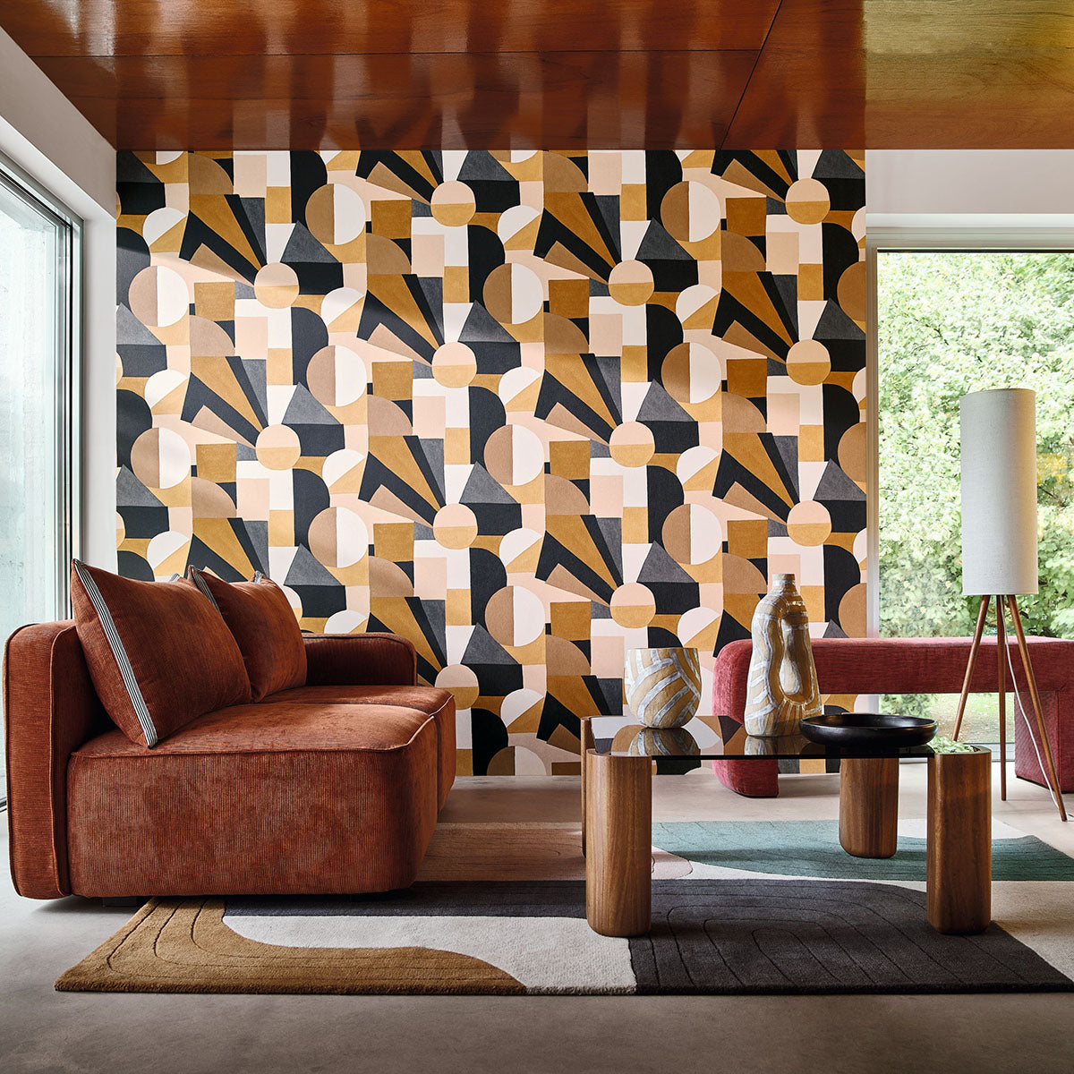 Structural wallpaper with a geometric pattern SONIA - MULTICO blue with orange