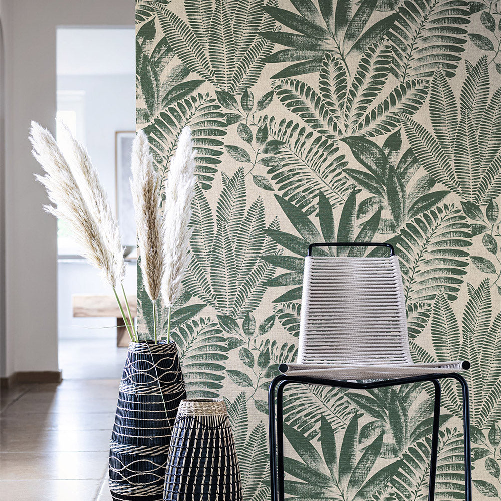 Textured wallpaper imitating canvas with a botanical motif ALOES - IVORY/BEIGE ivory with beige