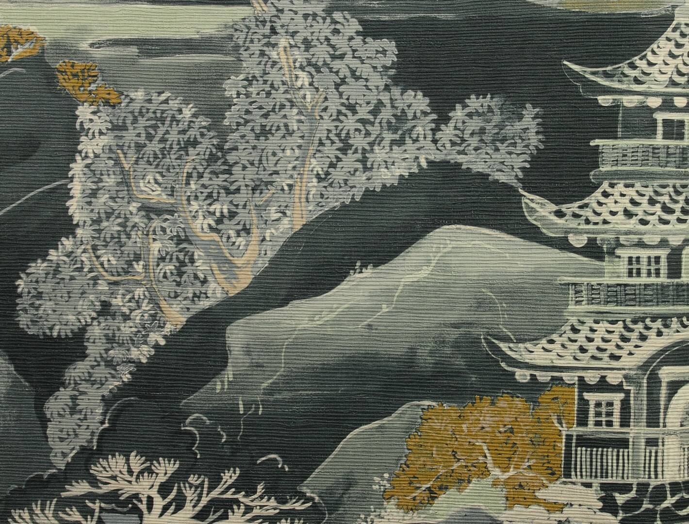 Structural wallpaper with oriental landscape NARA - VERT IMPERIAL green