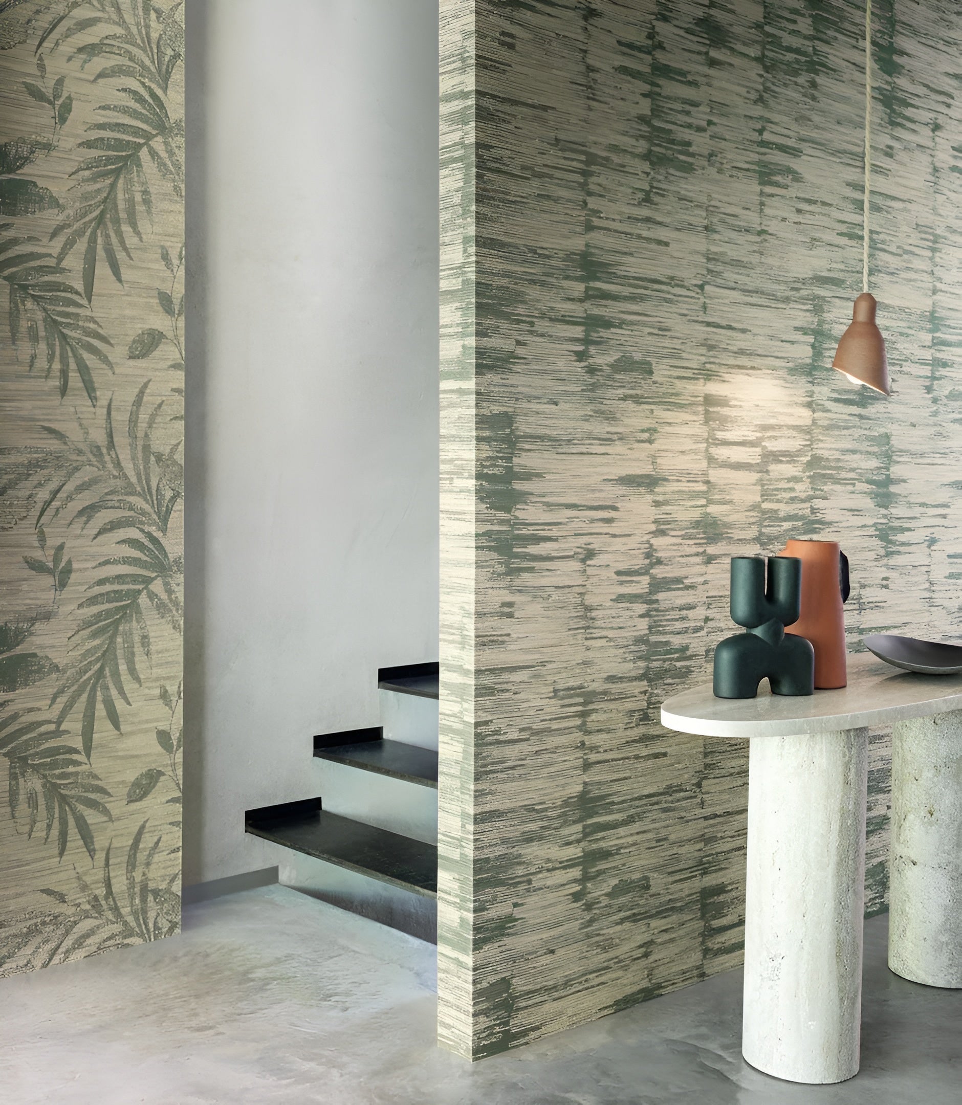 Textile wallpaper with a structural stripe design ALCHEMILLA - ORANGE BRÛLÉ/ROASTED ORANGE with beige