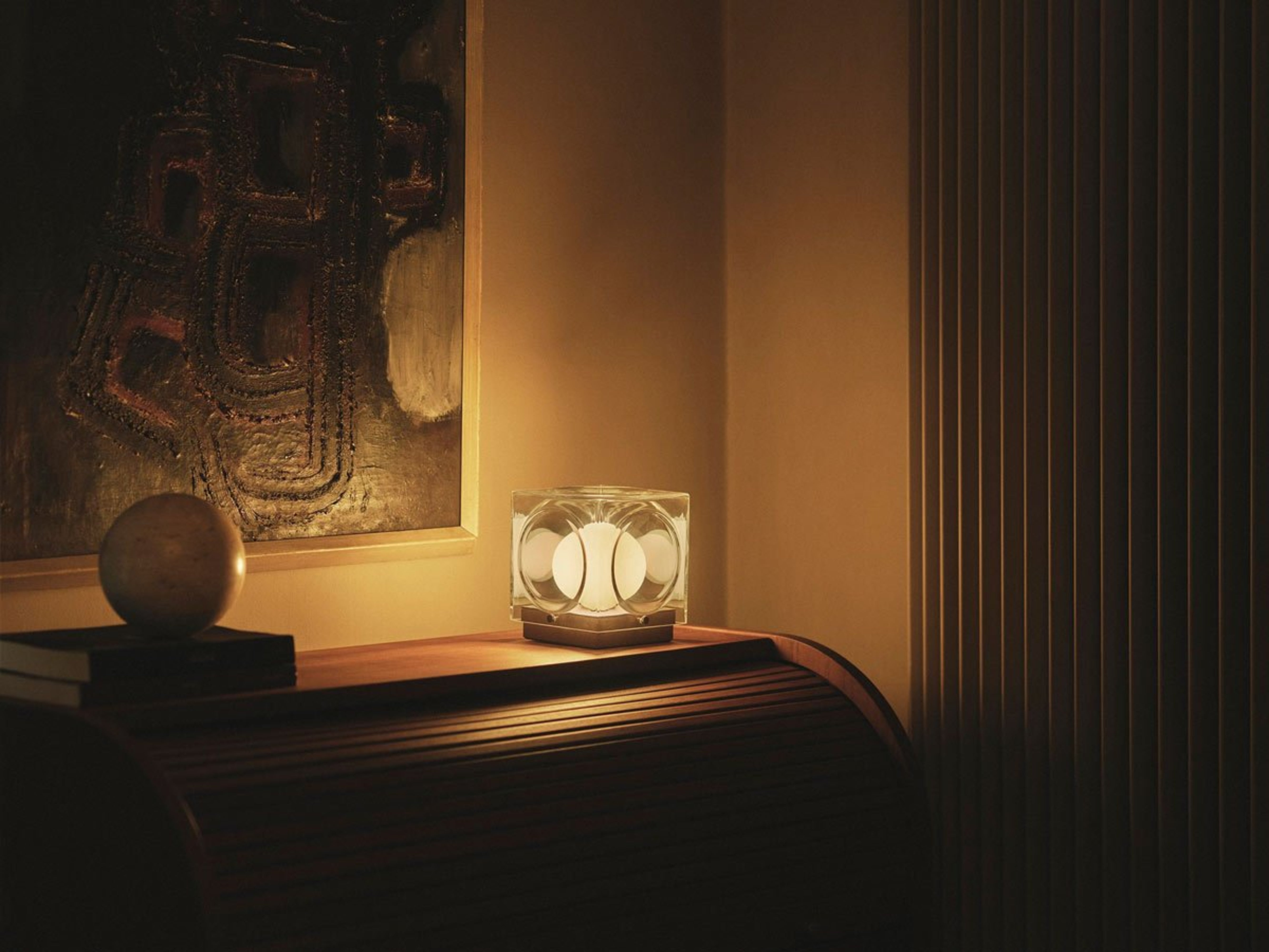 Portable lamp CHANT with a matte shade and a brown base.