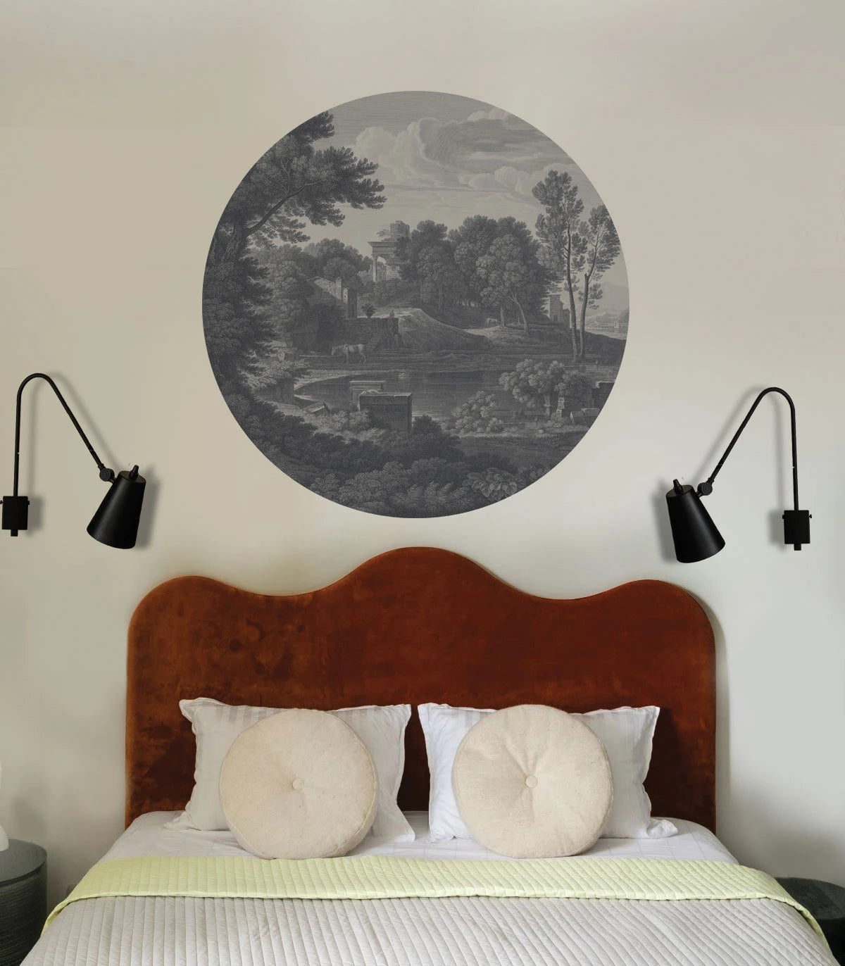 Wandbild in Kreisform DOTS - ANCIENT RIVERSIDE GROVE schwarz-weiß