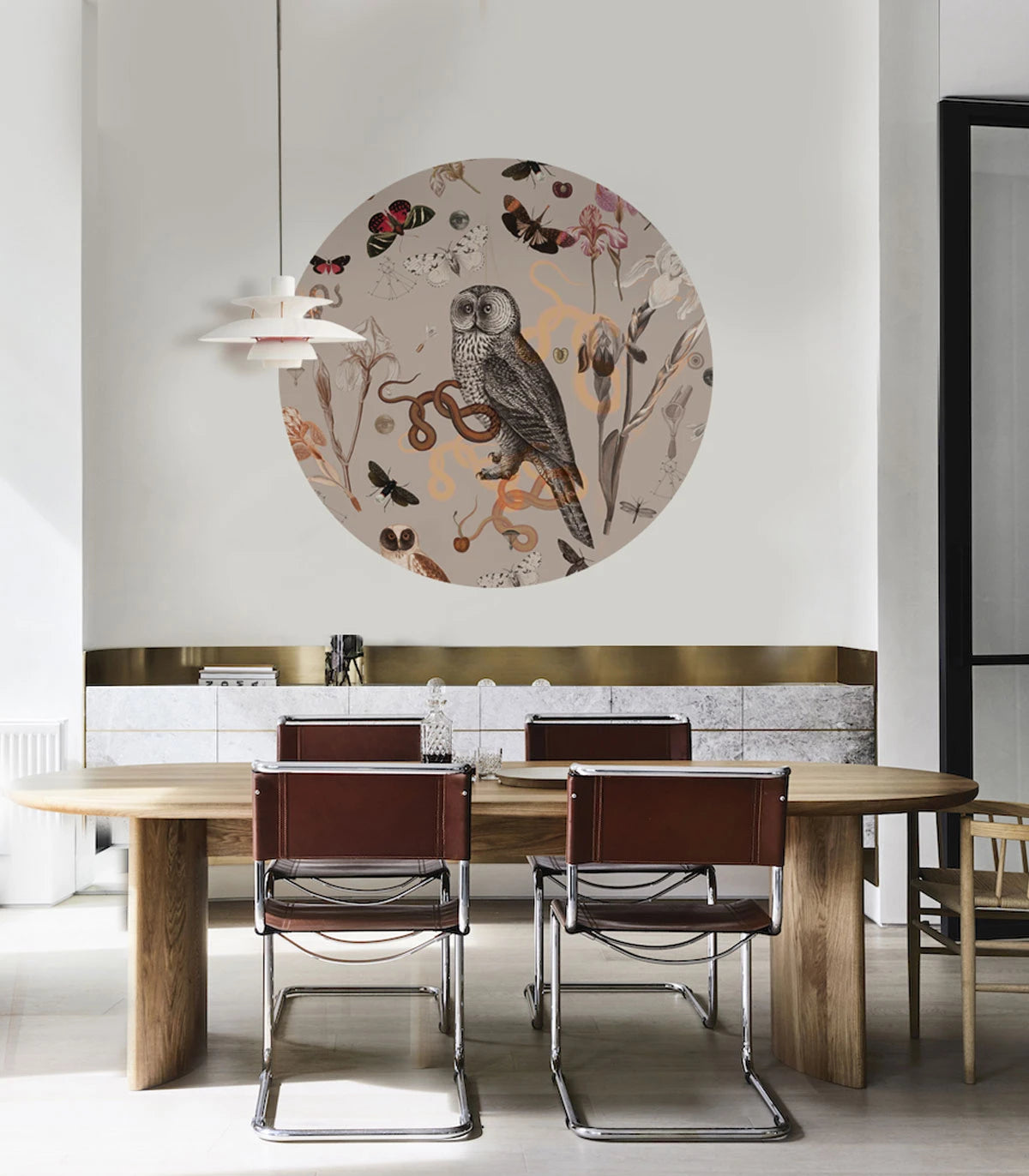 Mural w kształcie koła DOTS - PINK OWLS rosa