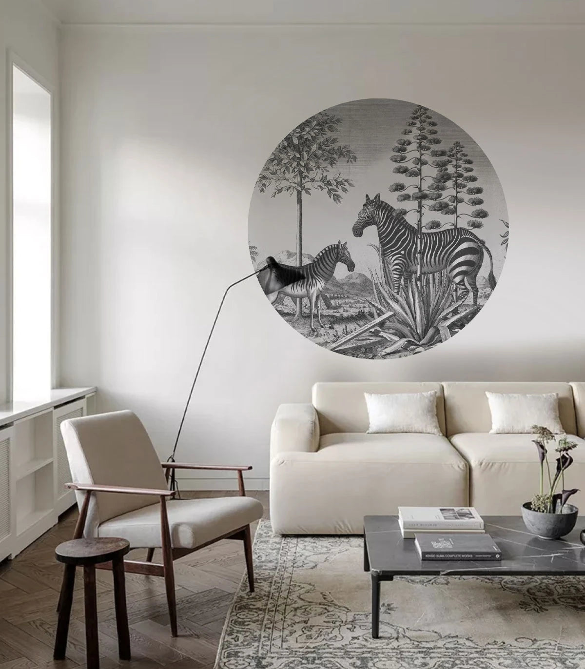 Wandbild in Kreisform DOTS - ZEBRA AUF AGAVE schwarz-weiß