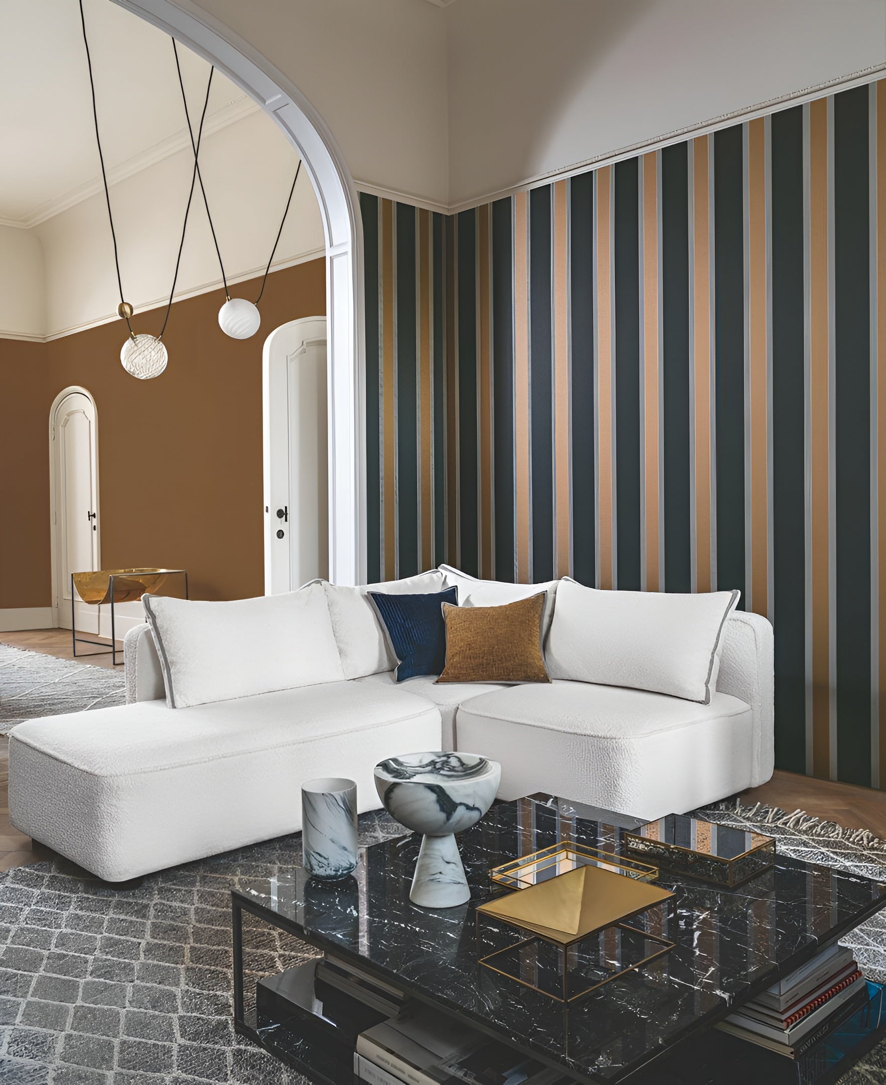 Wallpaper with geometric striped pattern AUTEUIL - MARINE/RUST navy blue with brown