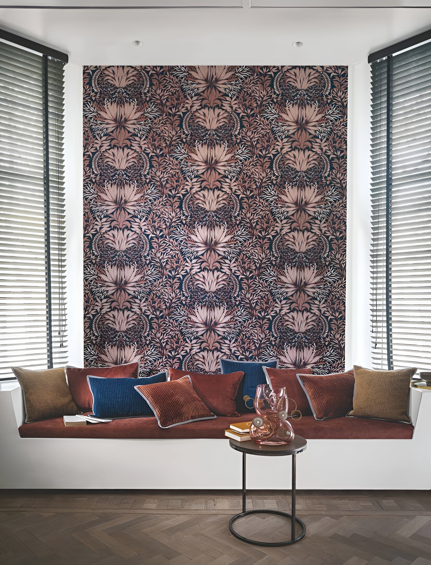 CHARDON floral pattern wallpaper - BLUE/RUST blue with pink
