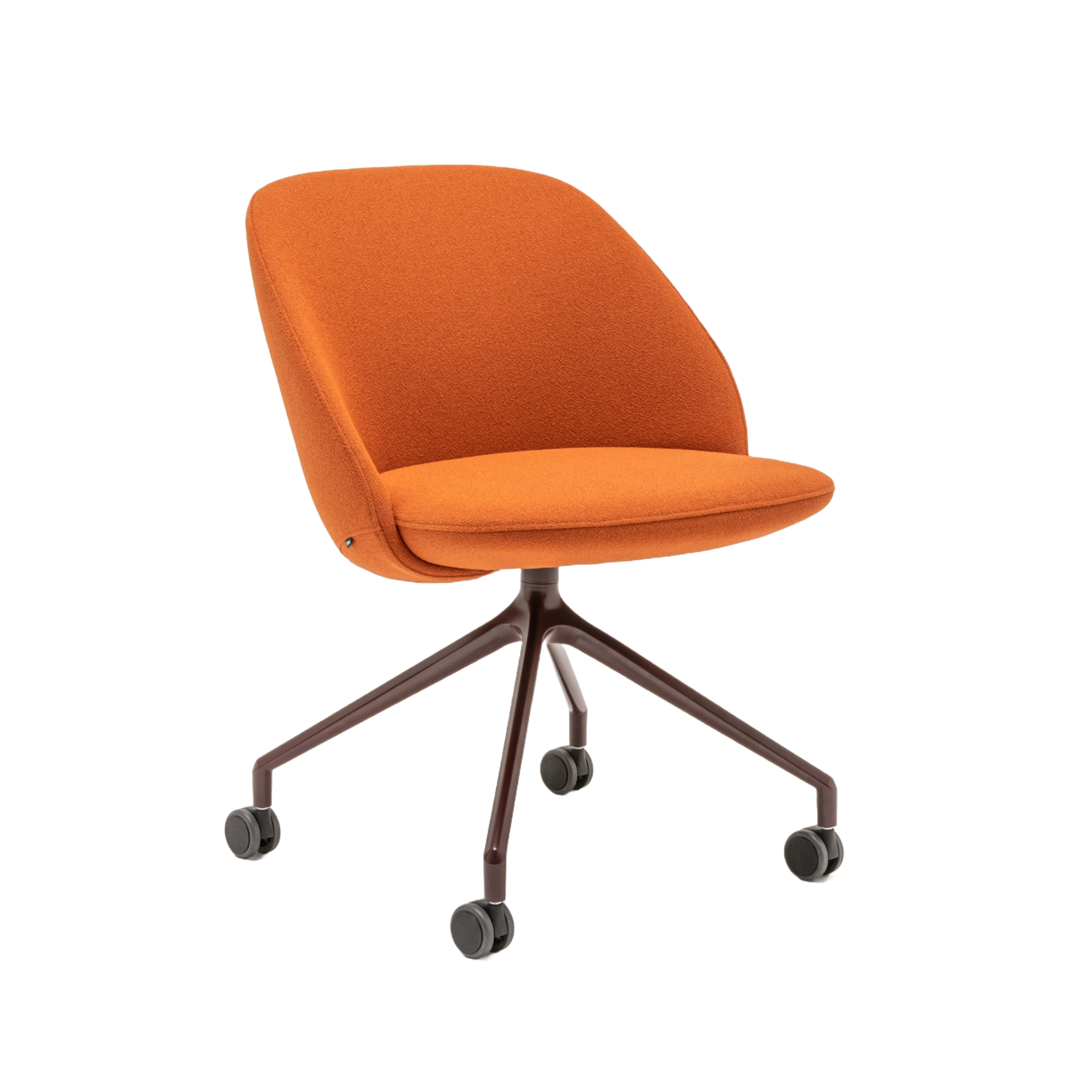 Rotable armchair with low backrest metal parallel base with wheels to a soft surface