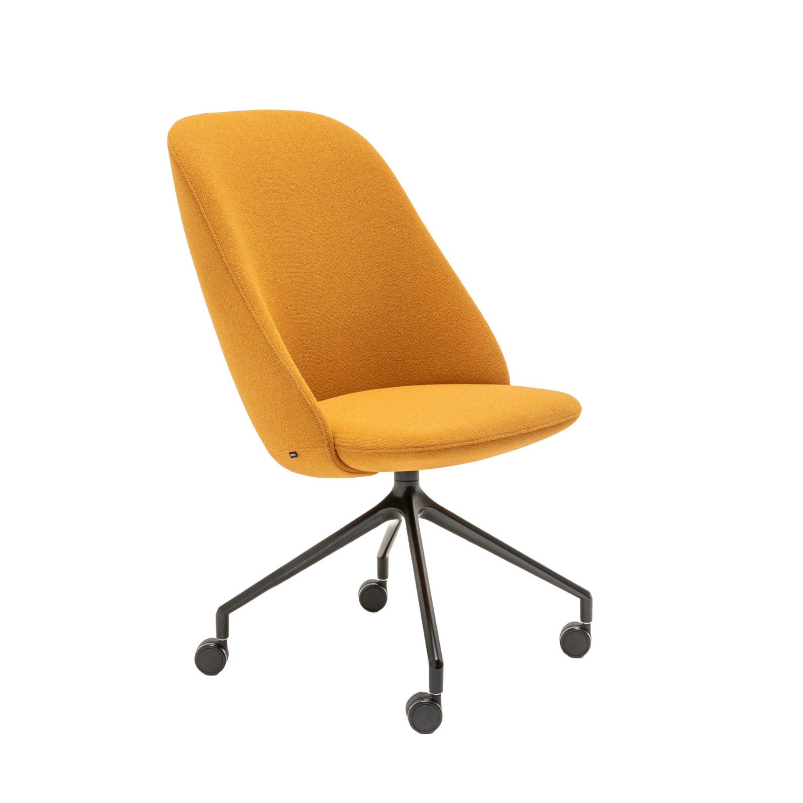 Rotable armchair with a high back, a metal parallel base with wheels to a soft surface