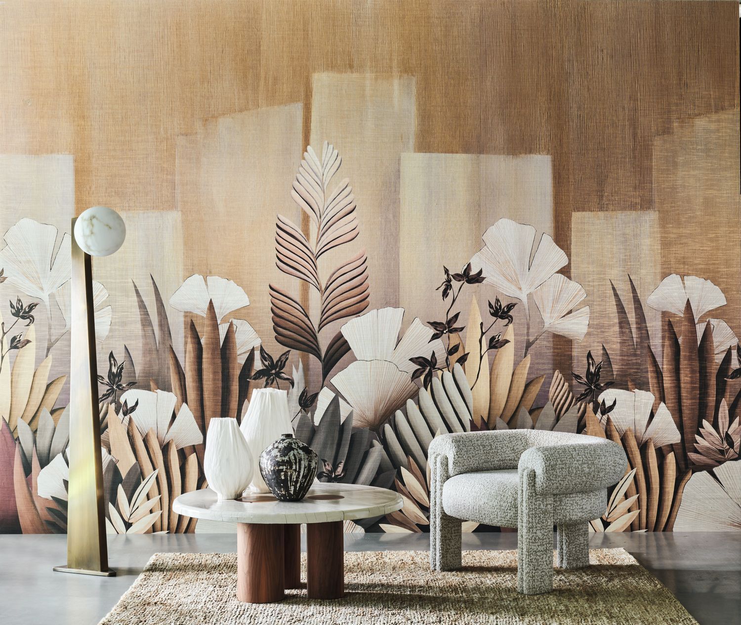 Plant-themed mural ICHO straw beige with dusty pink