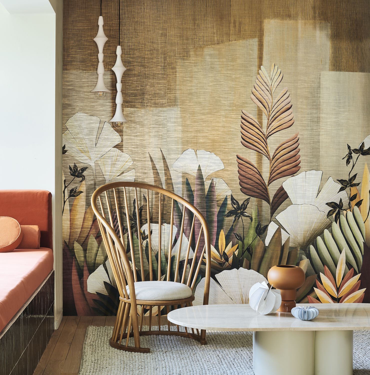 Plant-themed mural ICHO straw beige with dusty pink