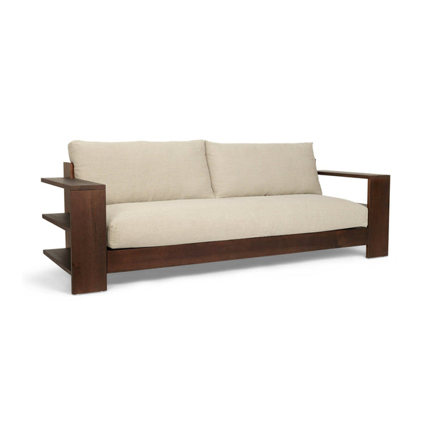 Edre beige sofa with a dark brown wooden base