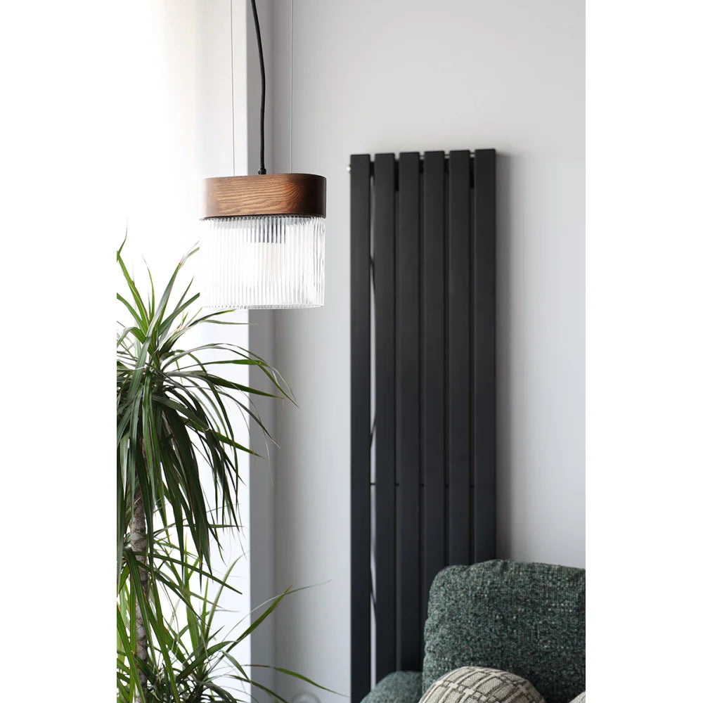 FLUMINA Pendelleuchte, geriffeltes Glas und schwarzes Eschenholz