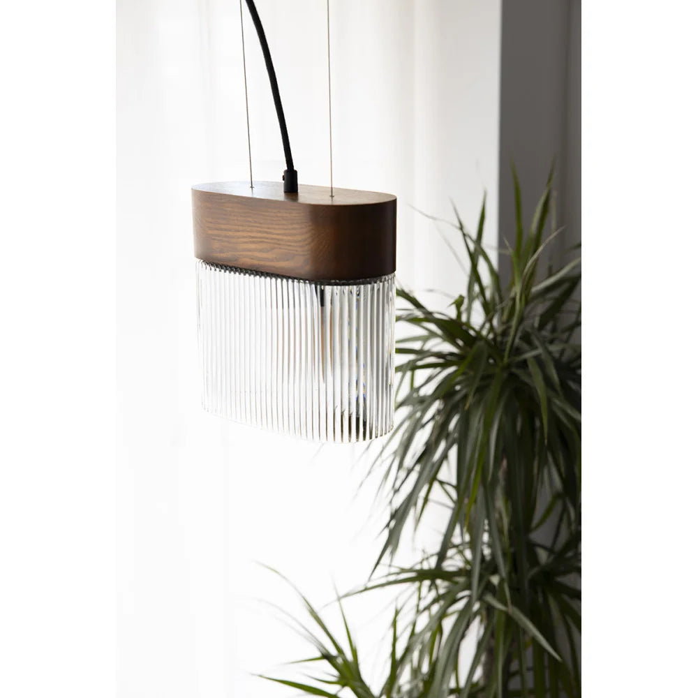 FLUMINA pendant lamp with ribbed glass and black ash wood