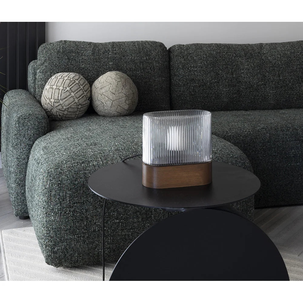 FLUMINA table lamp with ribbed glass and black ash wood