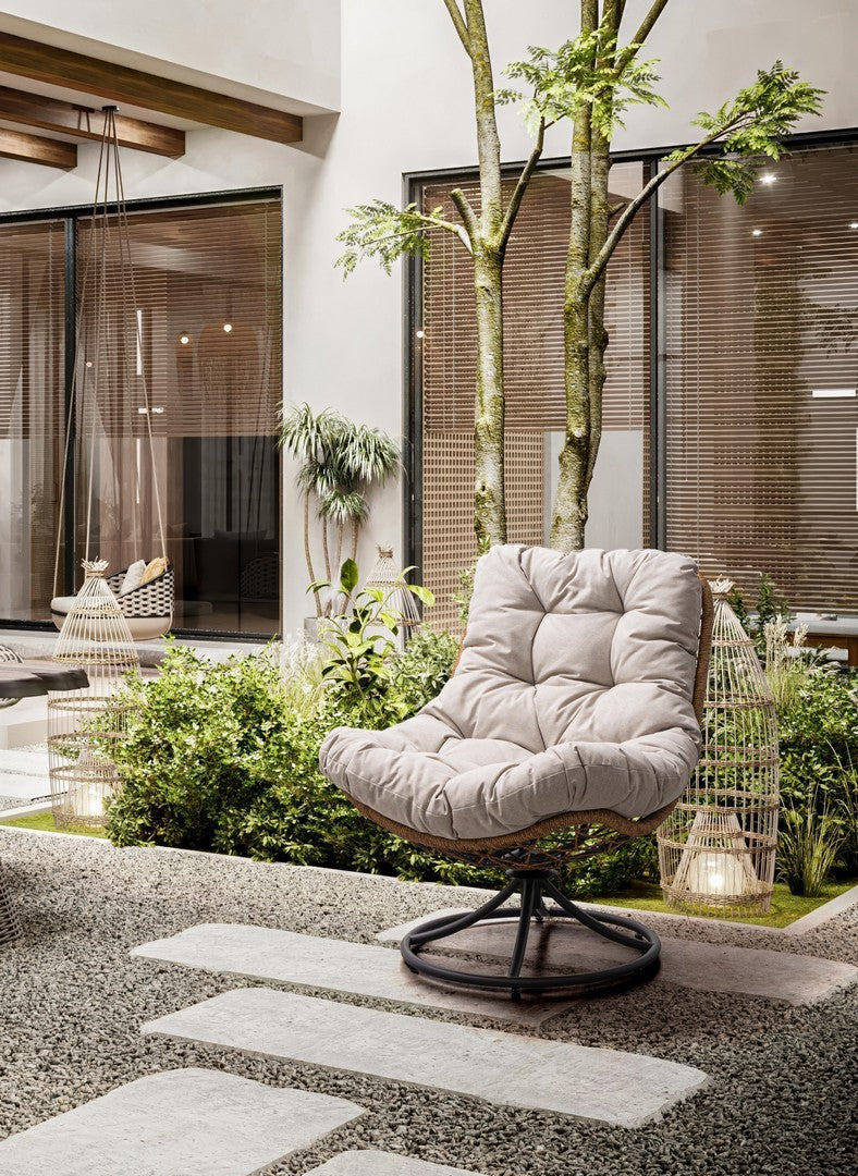 EMERY Beige Outdoor Swivel Armchair with Brown Base