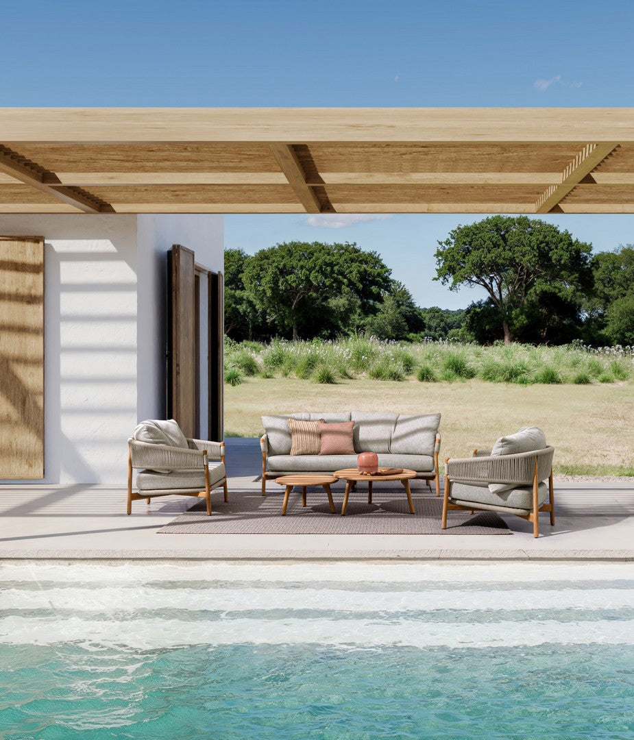 GARITA outdoor armchair in beige with a wooden base