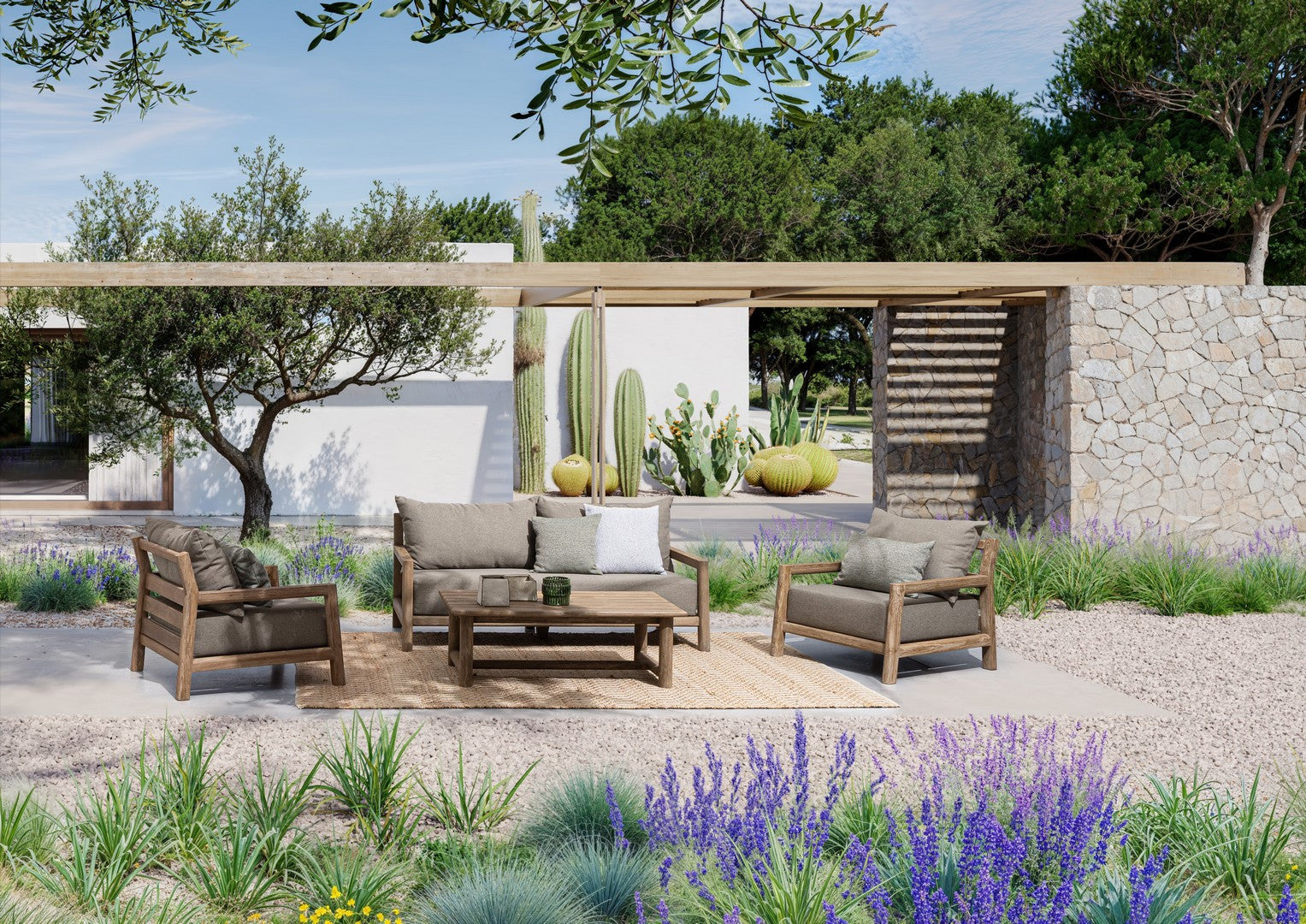 MAYNARD Beige Outdoor Armchair with Wooden Base