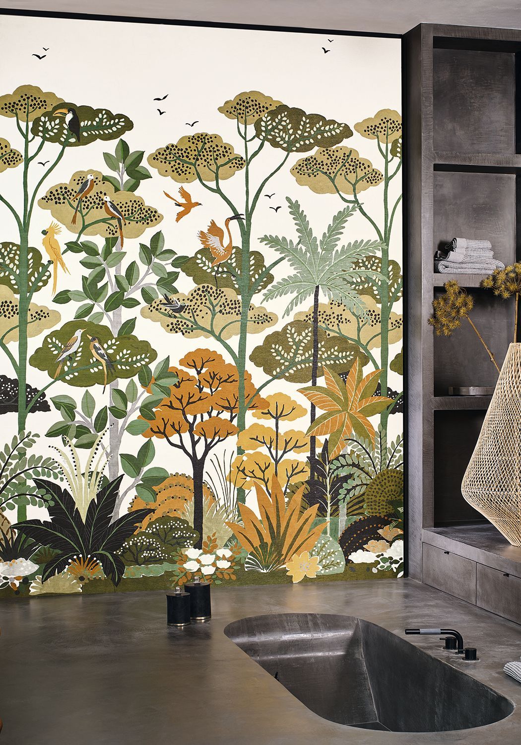 Structural mural with a plant motif of KANDY trees - WHITE/KHAKI white with khaki