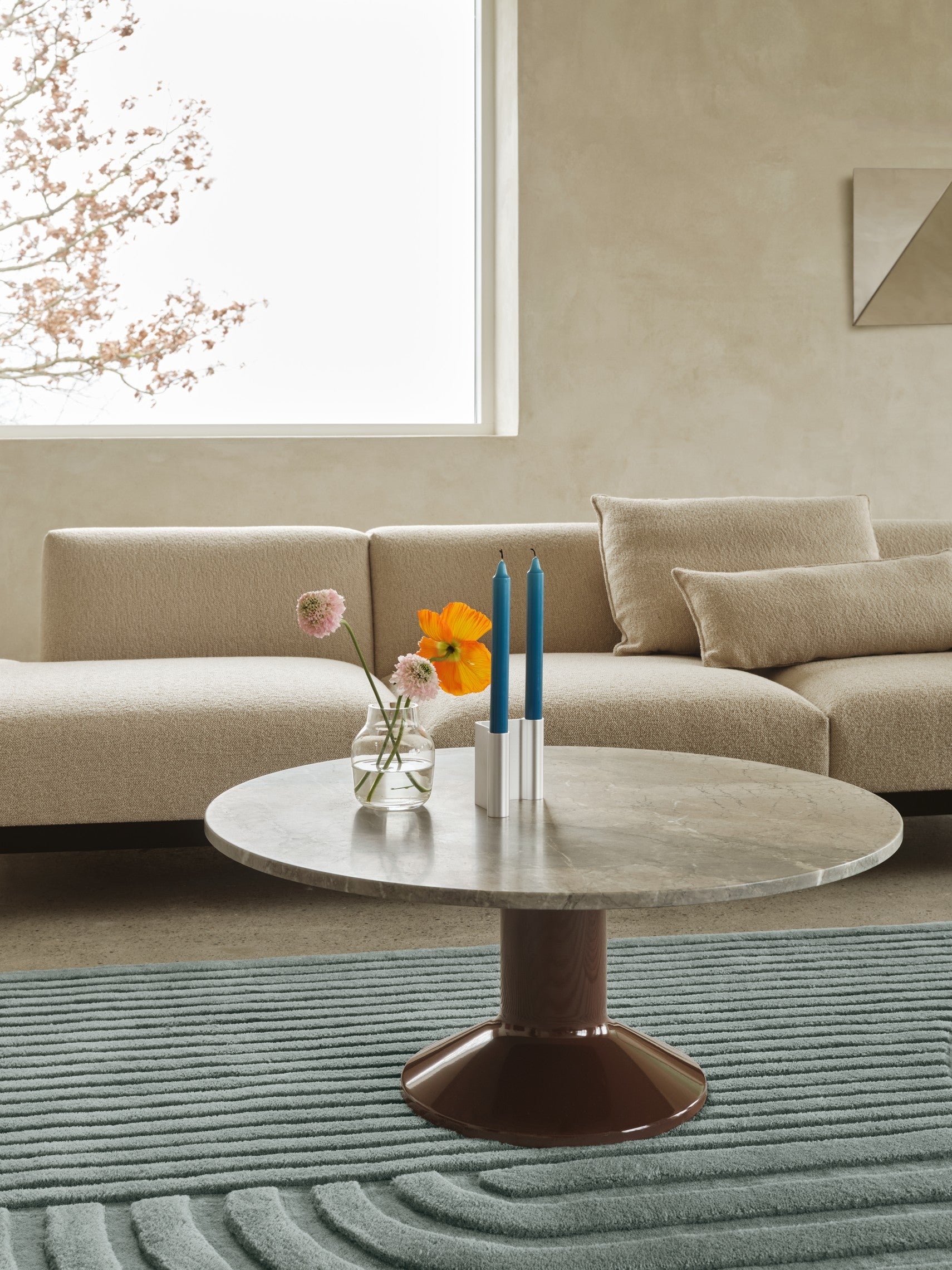 MIDST Coffee Table Gray Marble with Burgundy Base
