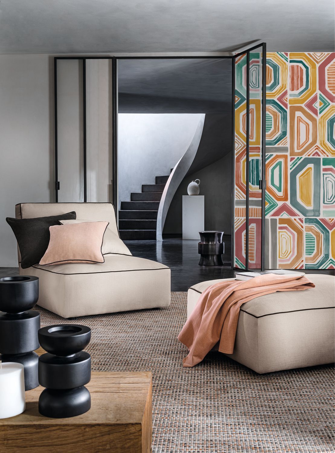 Textile mural with geometric pattern BOGOLAN - MULTICOLORE blue with mustard and red