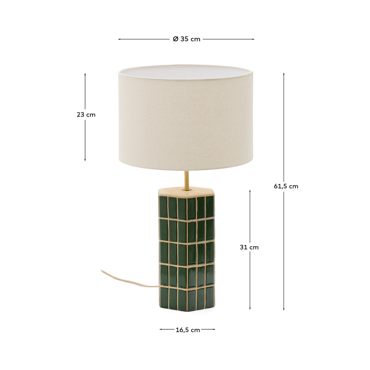 Lampa stołowa RUE zielona ceramika z abażurem ecru – wymiary
