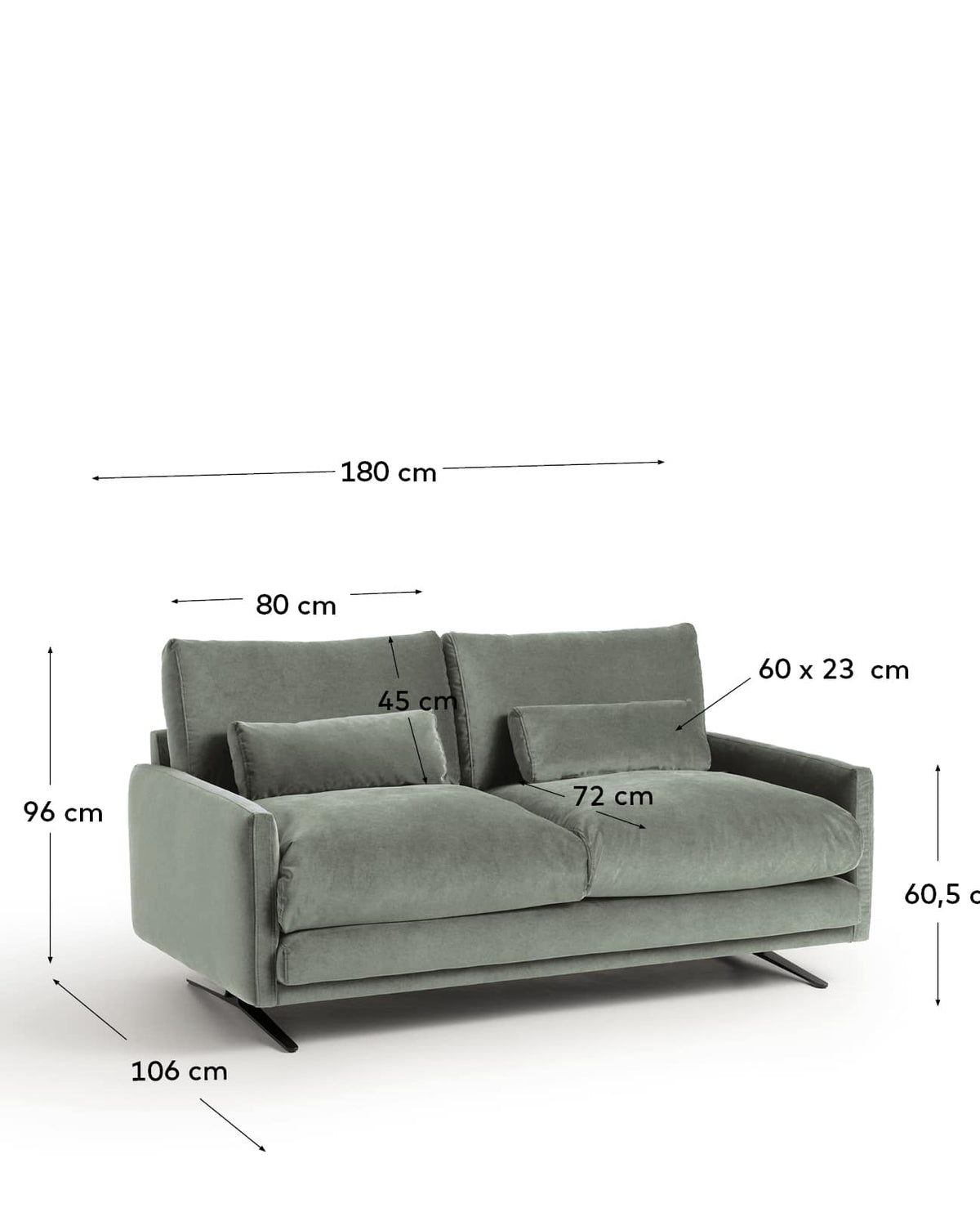 Sofa 2-osobowa VELIRO zielony aksamit z czarnymi metalowymi nogami – wymiary